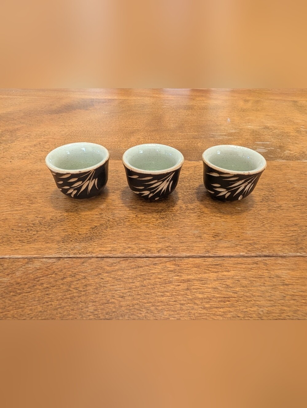 Japanese Kannyu Glaze Inner Set of 3 Ceramic Sake Cups Black with Bamboo Design